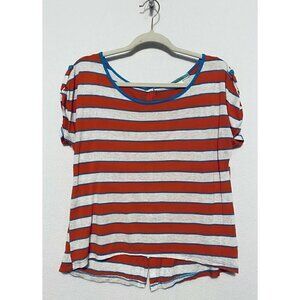 Pleione Womens Striped Top Button Back Closure Orange Scoop Neck Boho Large